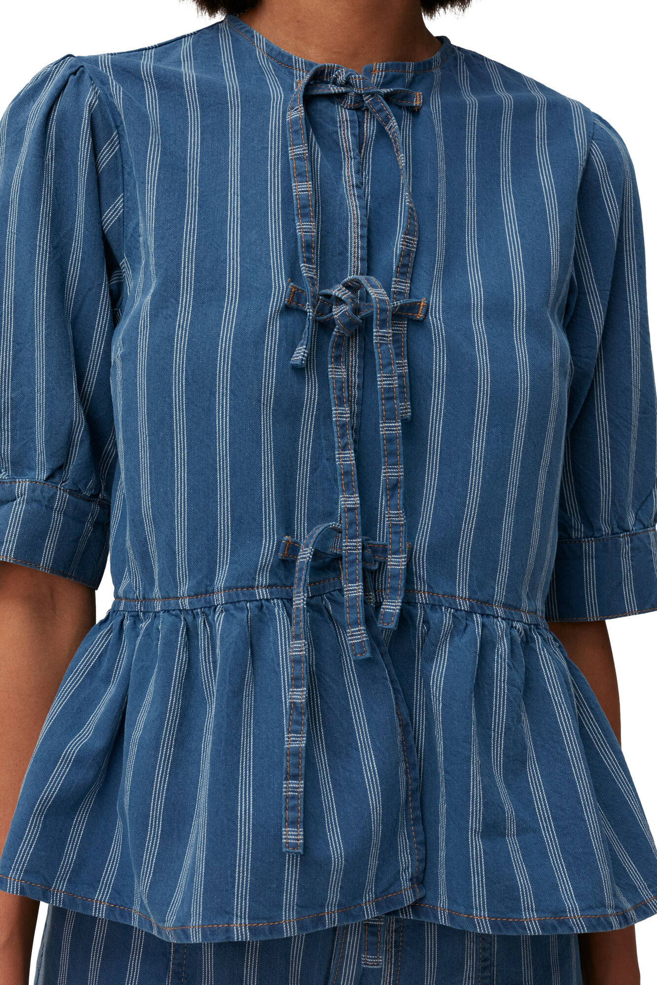 Denim Peplum Blouse, Cotton, in colour Tint Wash - 3 - GANNI