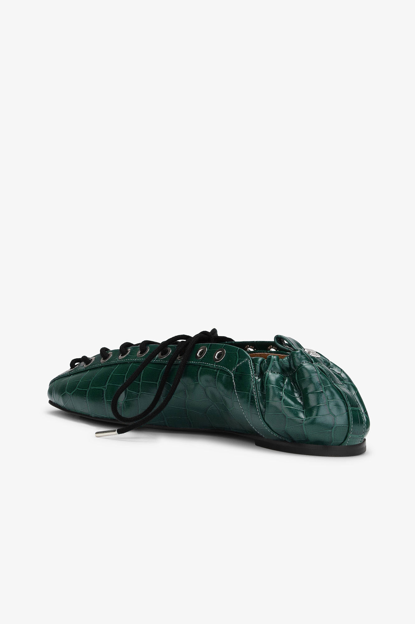 Lace-Up Ballerinas in Green Croco, Recycled Leather, in colour Pineneedle - 3 - GANNI