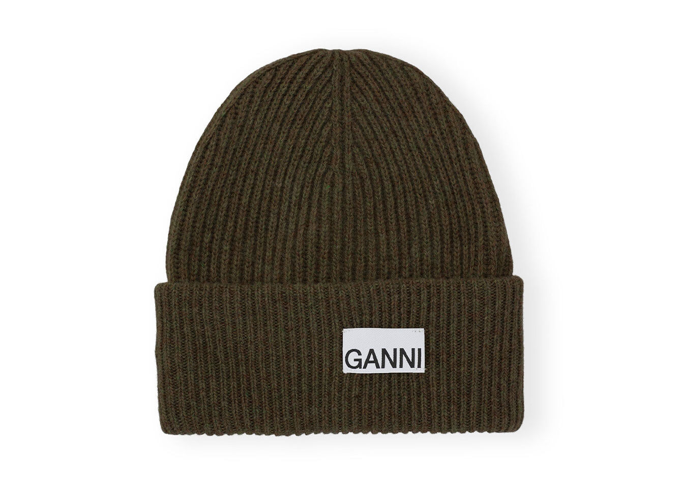 Green Fitted Wool Rib Knit Beanie , Recycled Polyamide, in colour Kalamata - 1 - GANNI