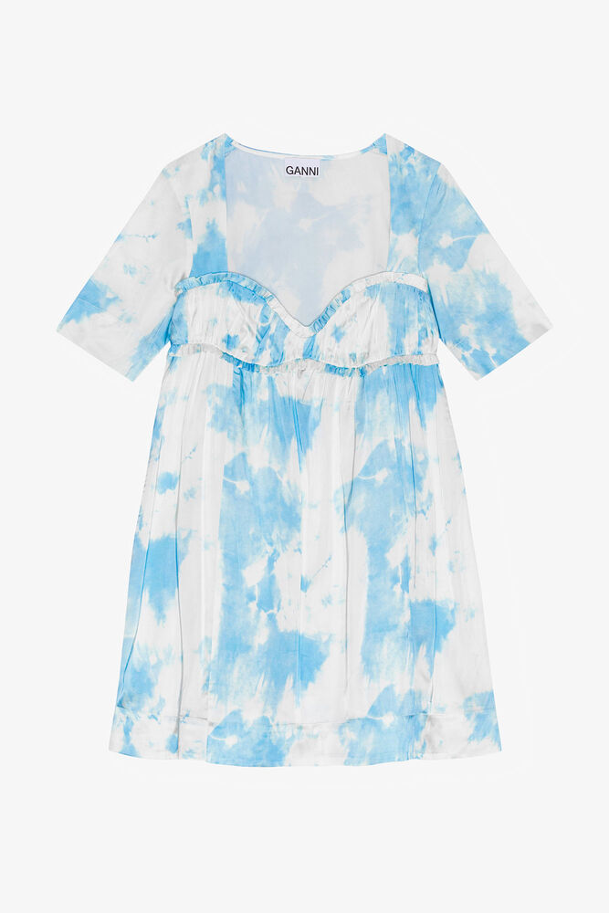 Tryckt Satin Kortärmad Mini Klänning, Powder Blue
