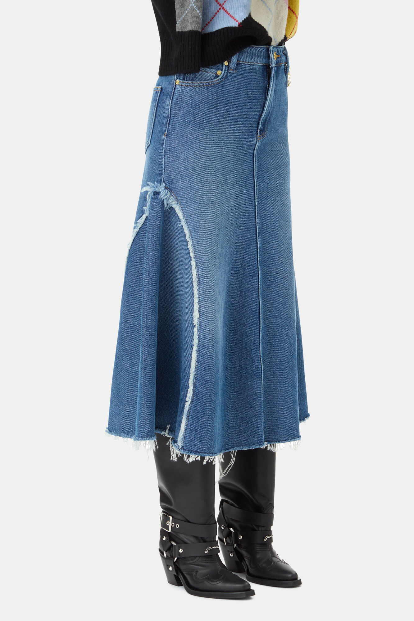 Blue Midi Skirt, Cotton, in colour Mid Blue Stone - 2 - GANNI