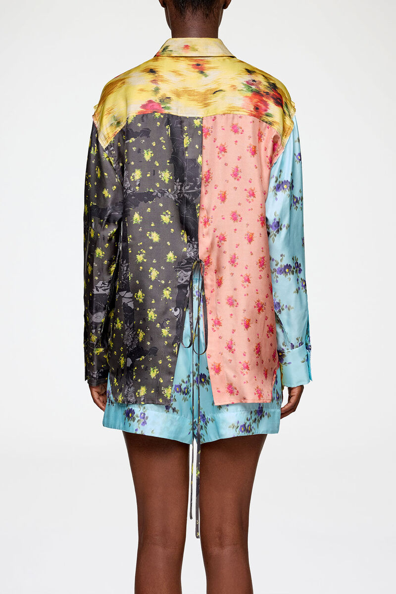 Shirt in Multi Printed Silk, Organic Wool, in colour Iced Aqua - 2 - GANNI