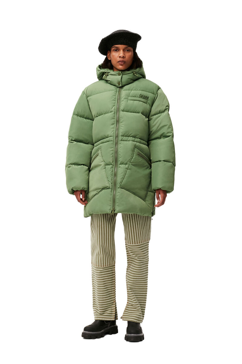 Oversized Tech Puffer Midi Jacket, Recycled Polyester, in colour Dill - 1 - GANNI