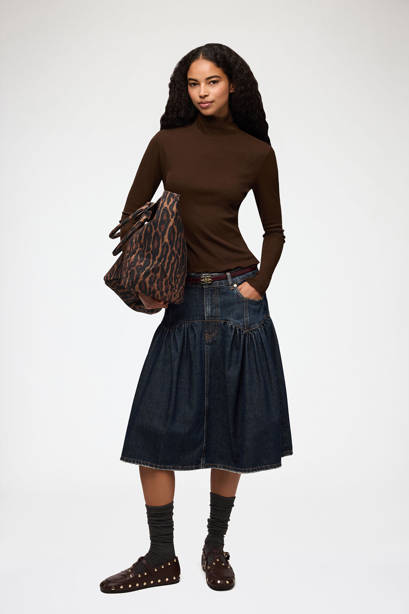 Turtleneck in Marl Mesh, Recycled Polyester, in colour Demitasse - 2 - GANNI