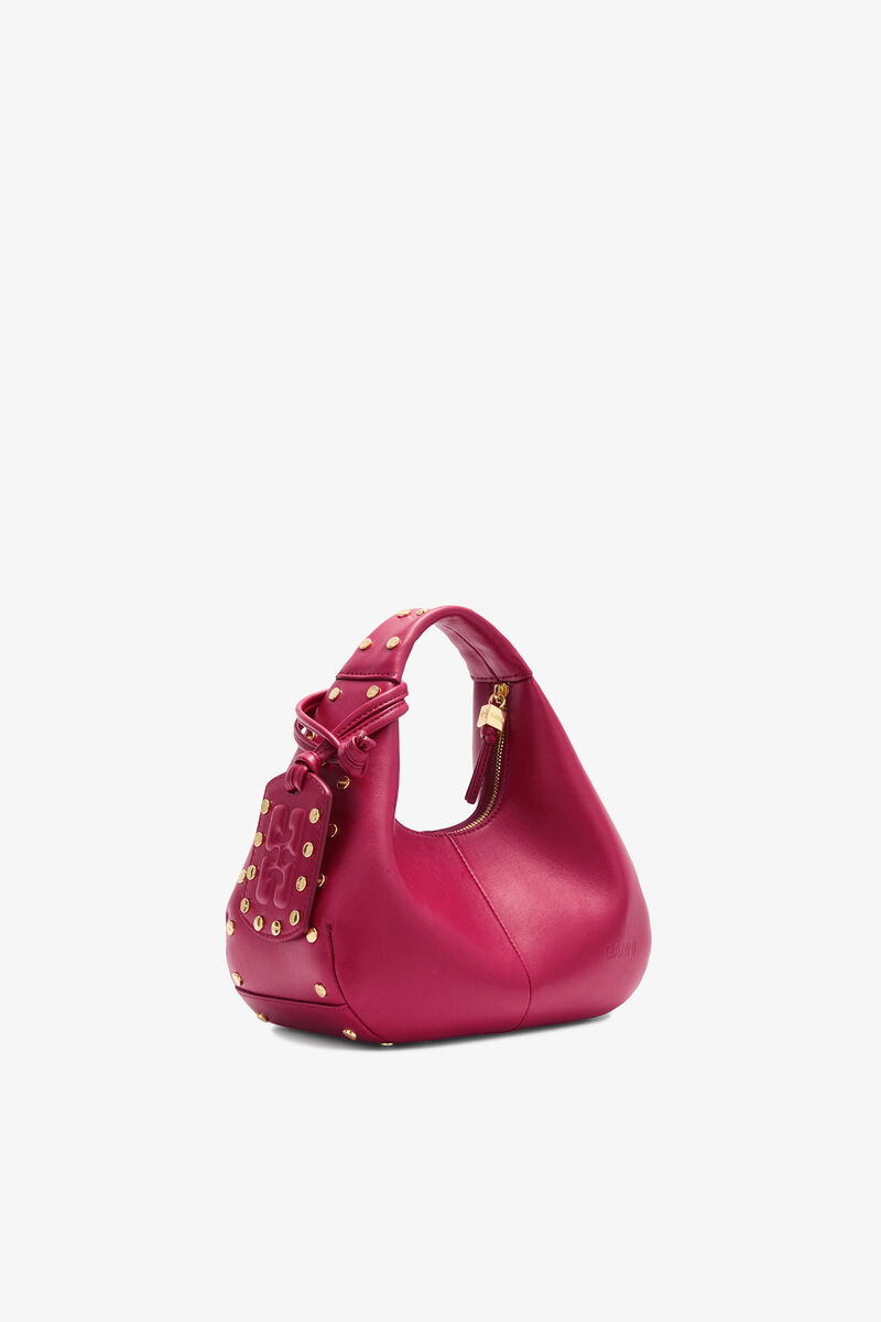Mini Hobo Bag Studs in Red, Recycled Leather, in colour Persian Red - 2 - GANNI