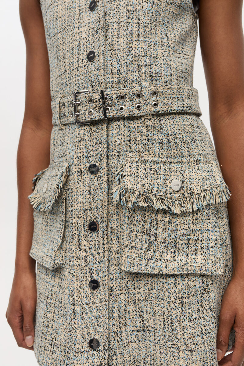 Tweed Sleeveless Belted Dress, Cotton, in colour Alaskan Blue - 4 - GANNI