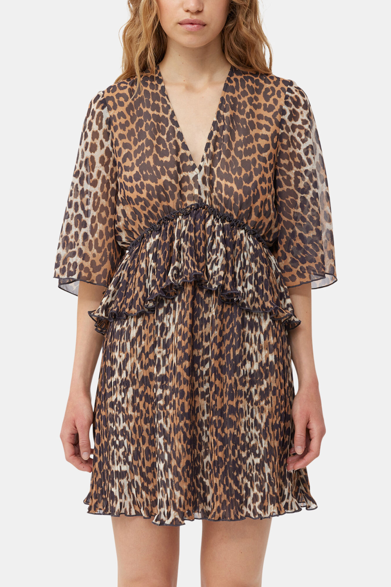 Leopard Pleated Georgette V-neck Flounce Mini Dress, Recycled Polyester, in colour Almond Milk - 4 - GANNI