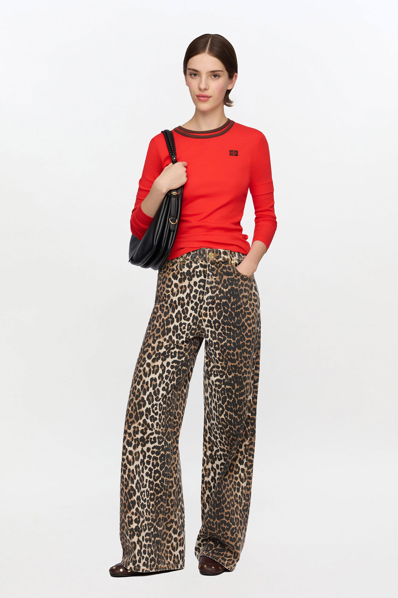 Lari Jeans in Leopard Print, Organic Cotton, in colour Almond Milk - 1 - GANNI
