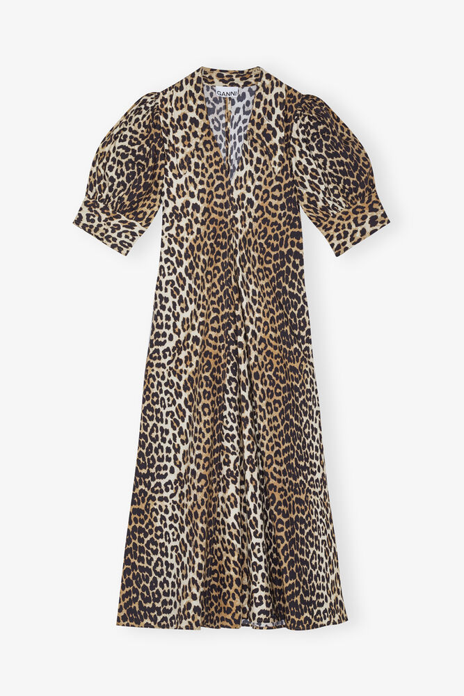 Leopard Cotton Poplin V-neck Maxi Dress, Leopard