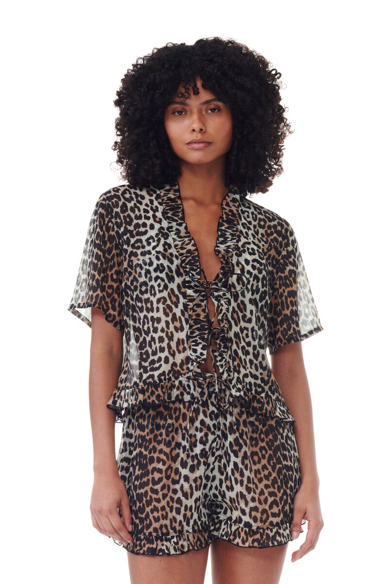 Leopard Printed Chiffon Tie String-bluse, Recycled Polyester, in colour Leopard - 1 - GANNI
