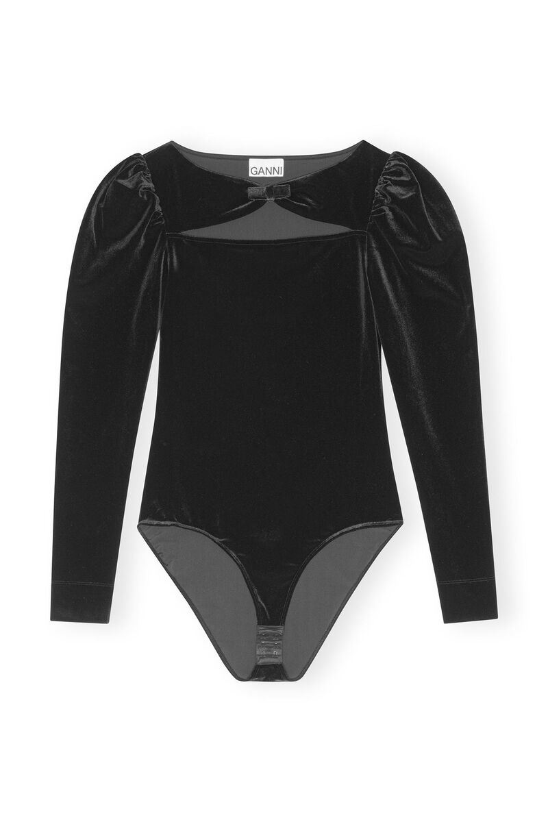 Black Velvet Jersey Bodystocking, Recycled Polyester, in colour Black - 1 - GANNI