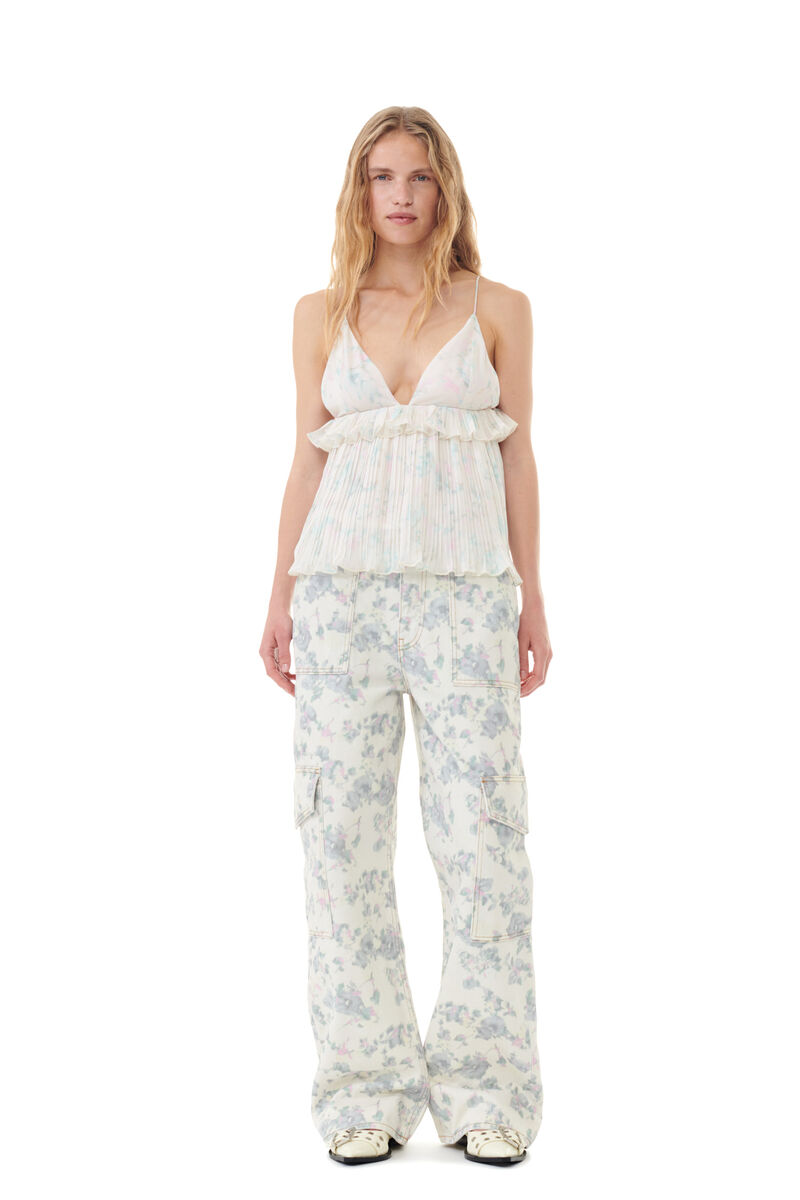 Floral Printed Pleated Georgette Strap Oberteil, Recycled Polyester, in colour Tofu - 2 - GANNI