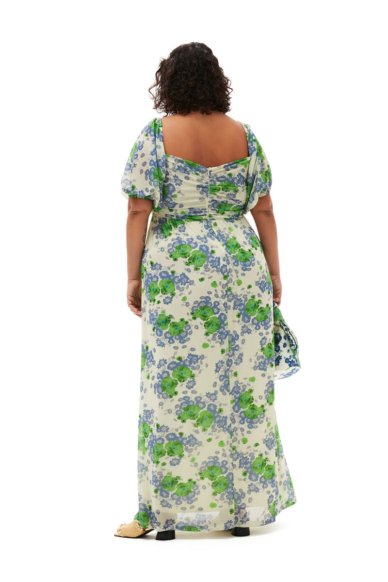 Printed Mesh Puff Sleeves Long Dress, Recycled Nylon, in colour Egret - 6 - GANNI