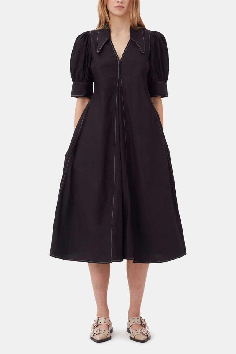 Cotton Poplin V-Neck Midi Dress, Cotton, in colour Black - 1 - GANNI