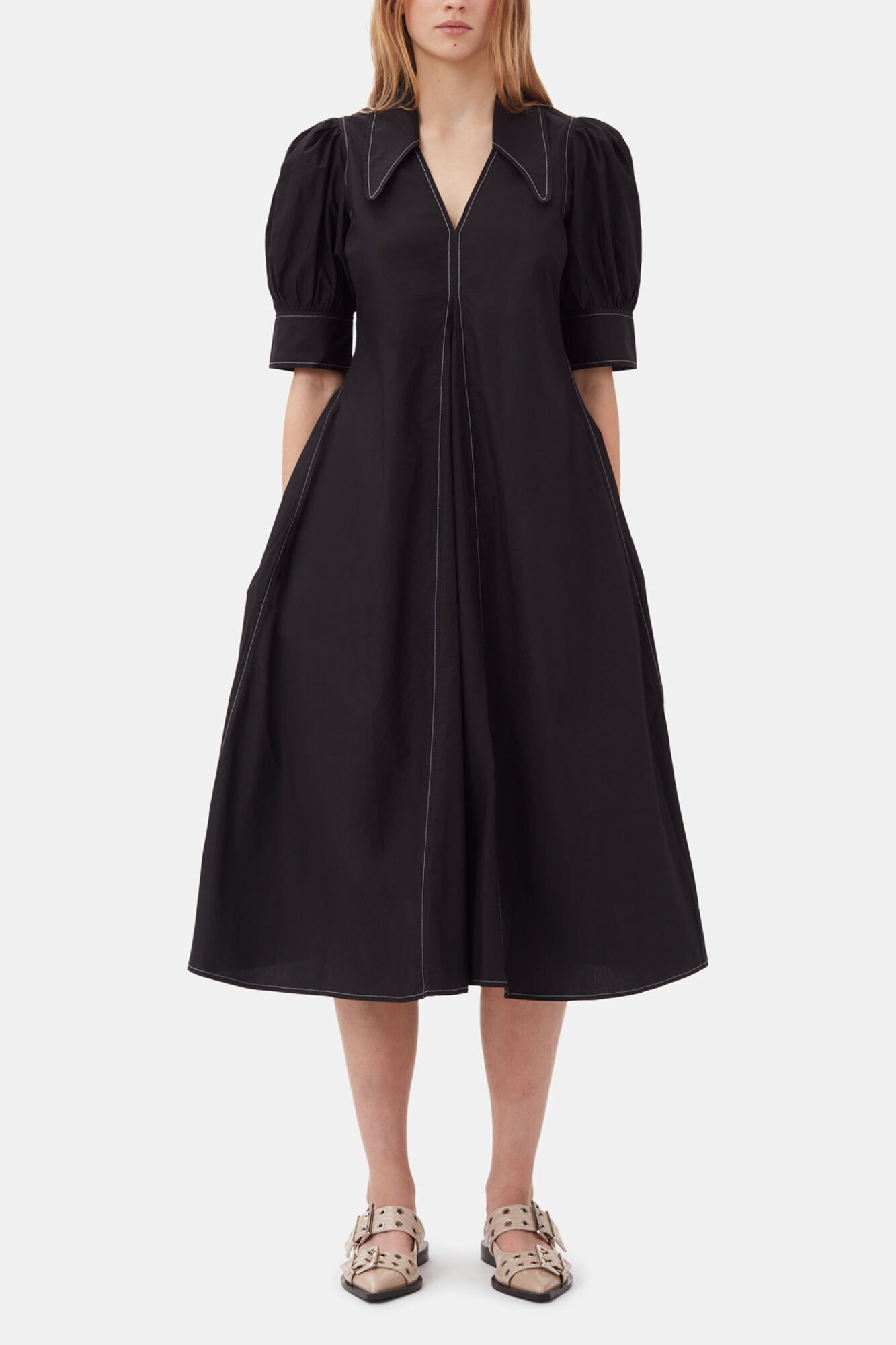Cotton Poplin V-Neck Midi Dress, Cotton, in colour Black - 1 - GANNI