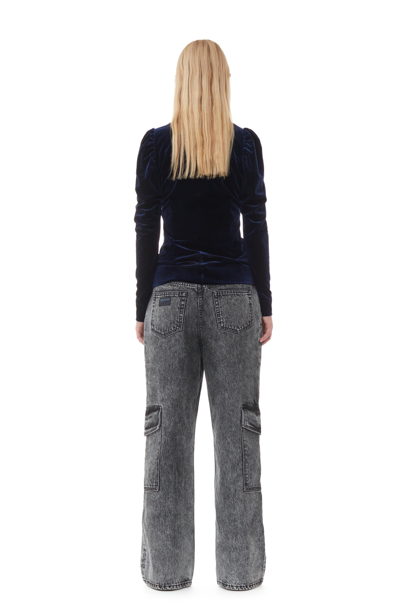 Blue Velvet Jersey V-neck Blouse, Recycled Polyester, in colour Total Eclipse - 4 - GANNI