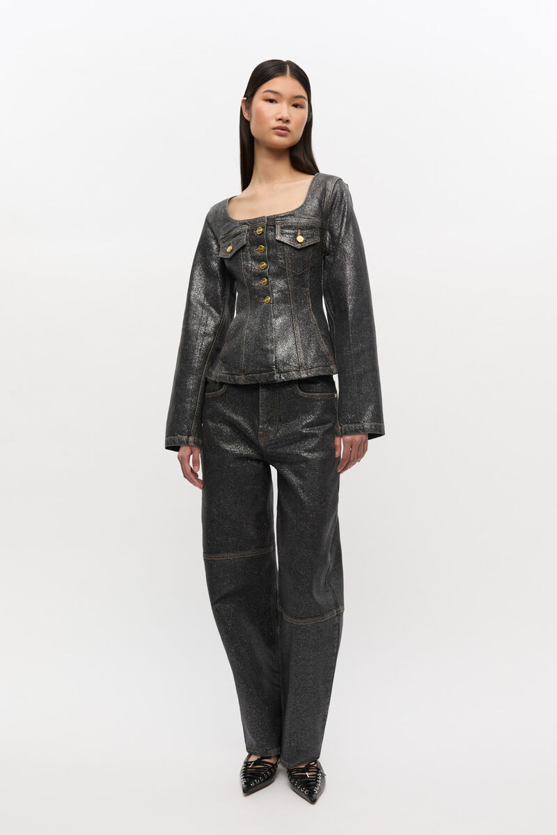 Jeansblazer mit schimmernder Folie, Cotton, in colour Washed Black/Black - 2 - GANNI
