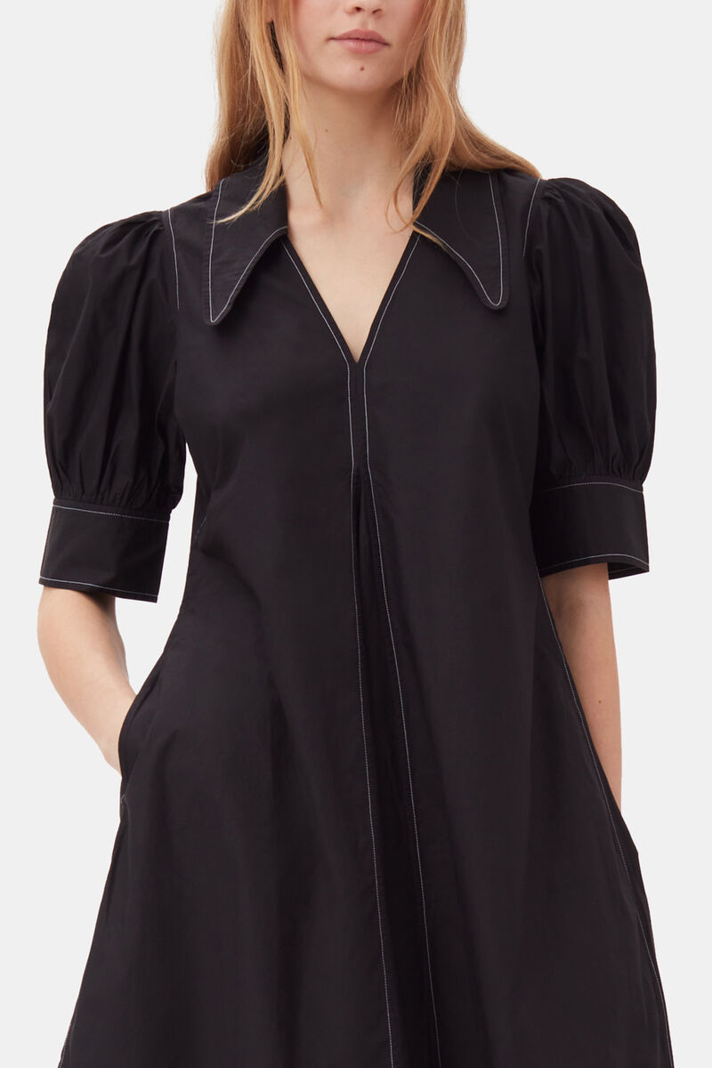 Cotton Poplin V-Neck Midi Dress, Cotton, in colour Black - 2 - GANNI