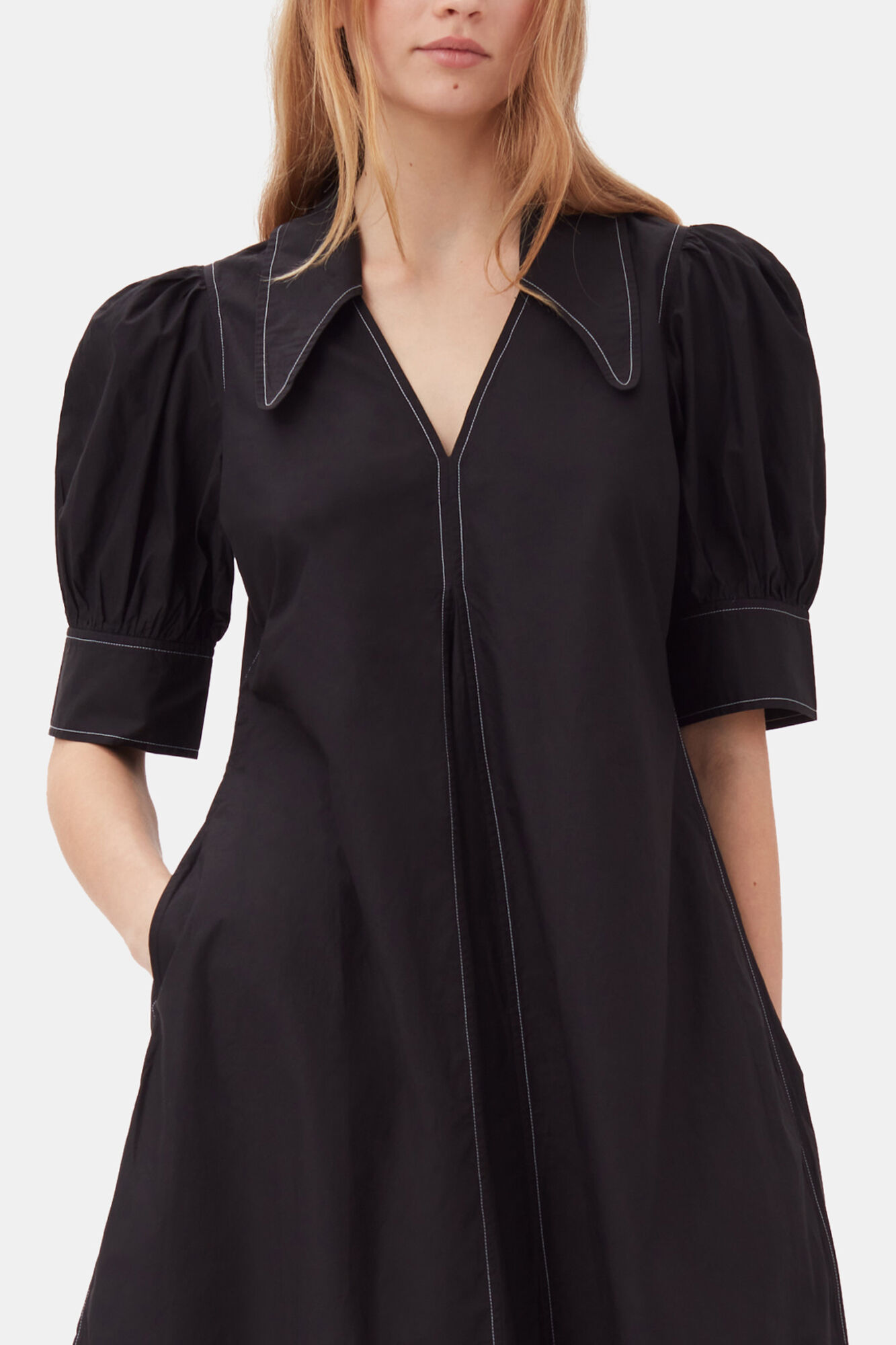 Cotton Poplin V-Neck Midi Dress, Cotton, in colour Black - 2 - GANNI