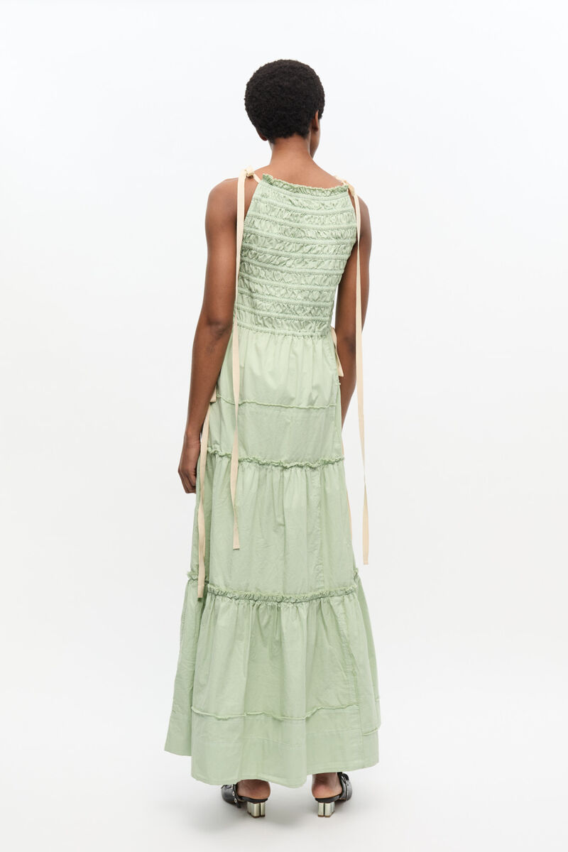 Hellgrünes gesmoktes Stufenkleid, Cotton, in colour Frosty Green - 2 - GANNI