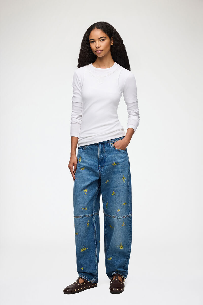 Stary Jeans in Printed Denim, Organic Cotton, in colour Light Blue Vintage - 1 - GANNI