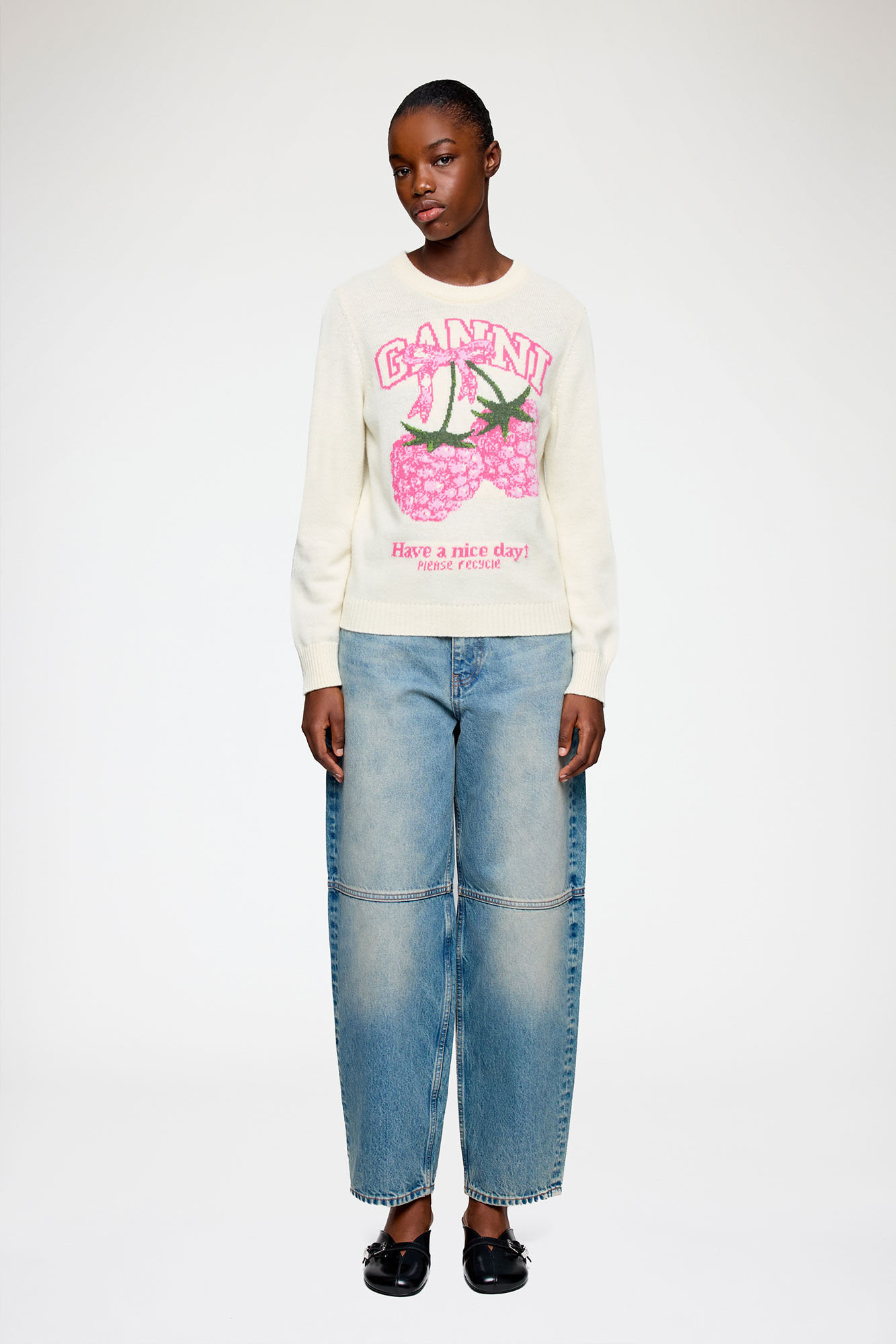 Sweater in Graphic Wool, Wool, in colour Egret - 2 - GANNI