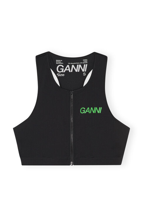 Ganni Logo-print Zip-up Top In Black