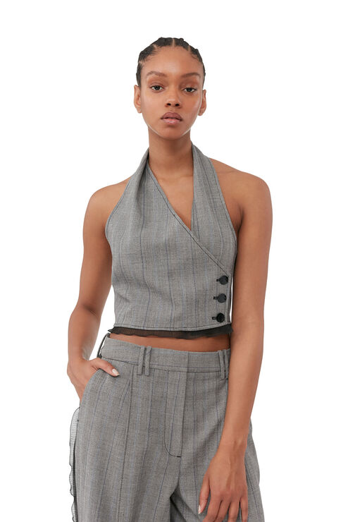 Ganni Herringbone Halter Suiting Vest In Frost Gray