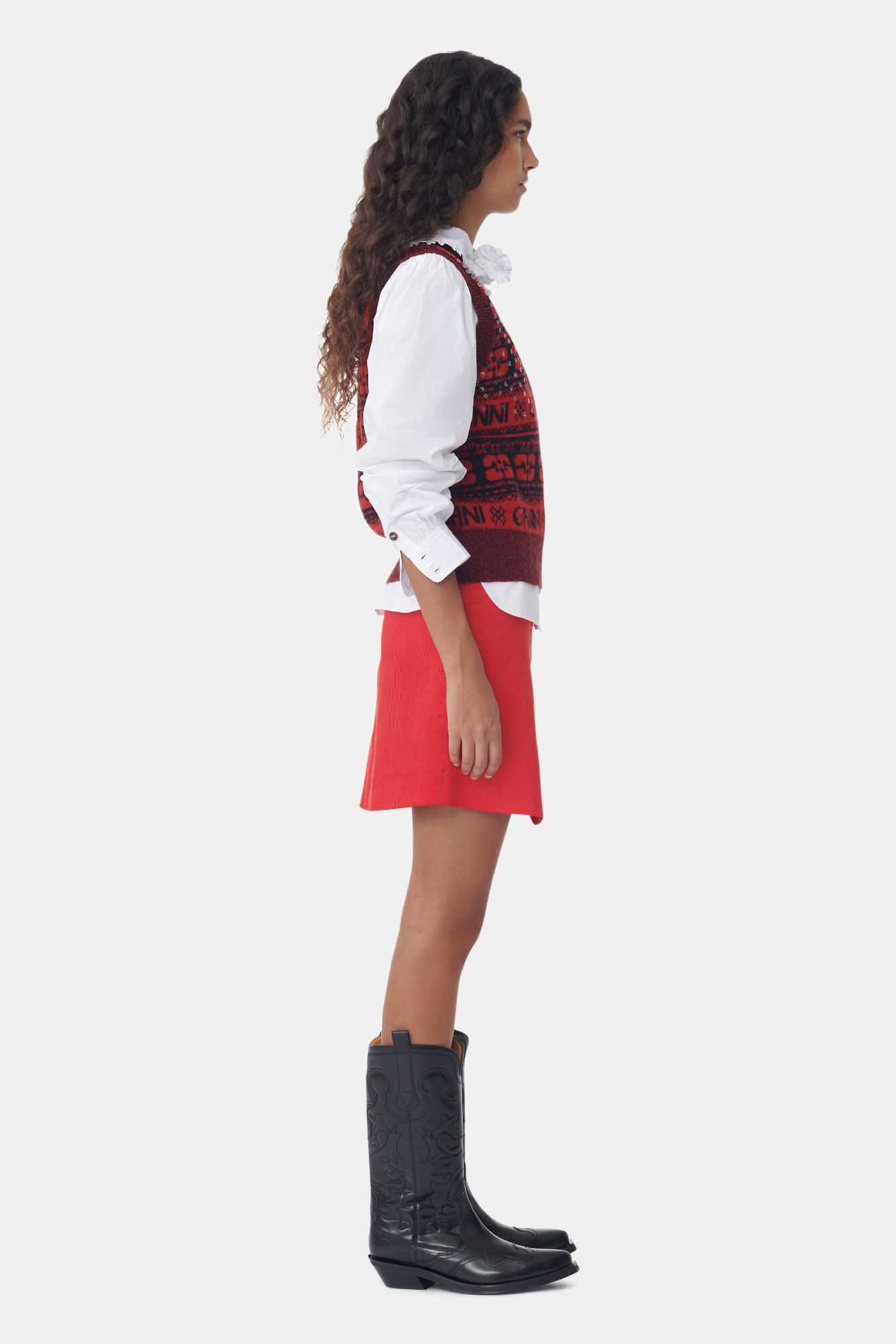 Red Sequins Logo Wool Mix Vest, Recycled Polyamide, in colour High Risk Red - 3 - GANNI