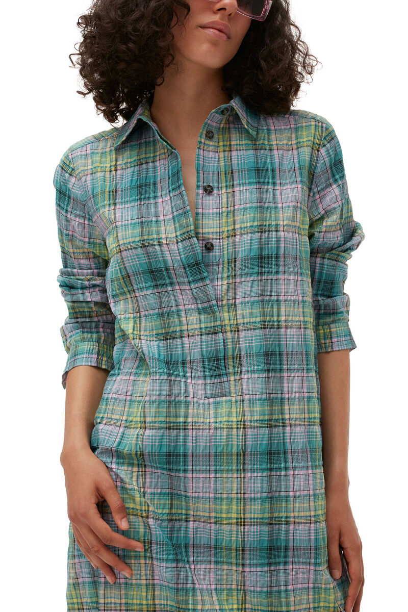 Seersucker Check Shirt Dress, Organic Cotton, in colour Lagoon - 8 - GANNI