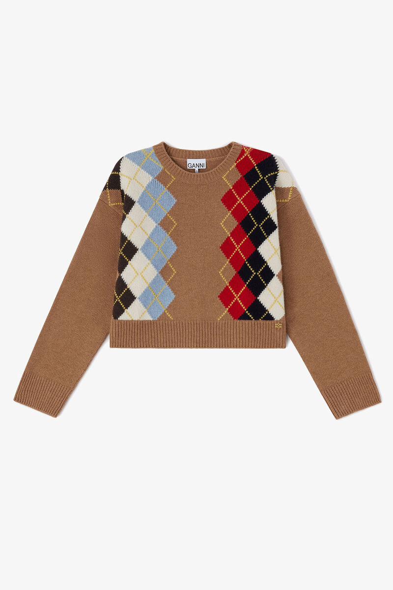 Jumper in Argyle, Wool, in colour Incense - 1 - GANNI