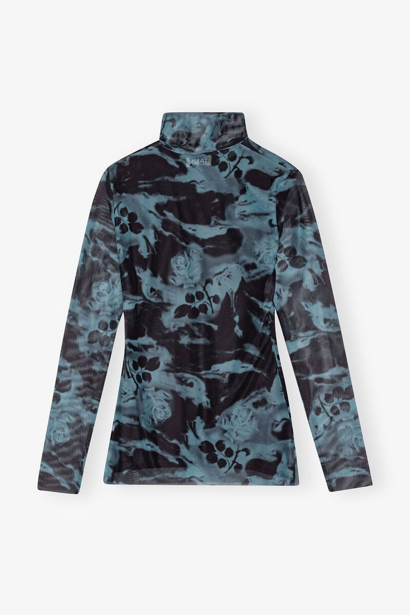 Blue Shadow Blue Printed Mesh Long Sleeve Rollneck | GANNI DE