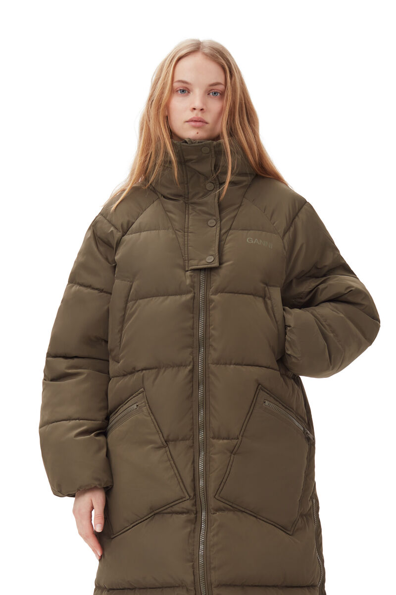Oversized Tech Puffer Coat, Recycled Polyester, in colour Kalamata - 2 - GANNI