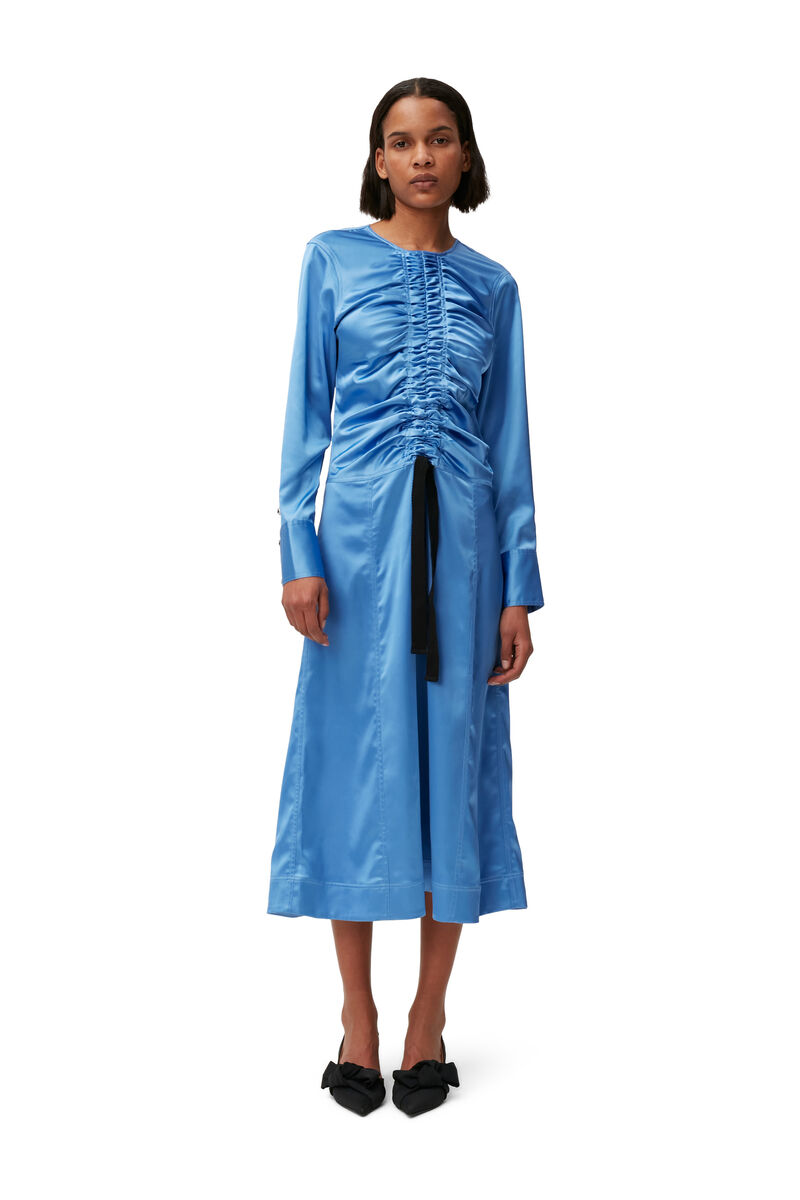 Satin Midi Dress, Polyester, in colour Granada Sky - 1 - GANNI