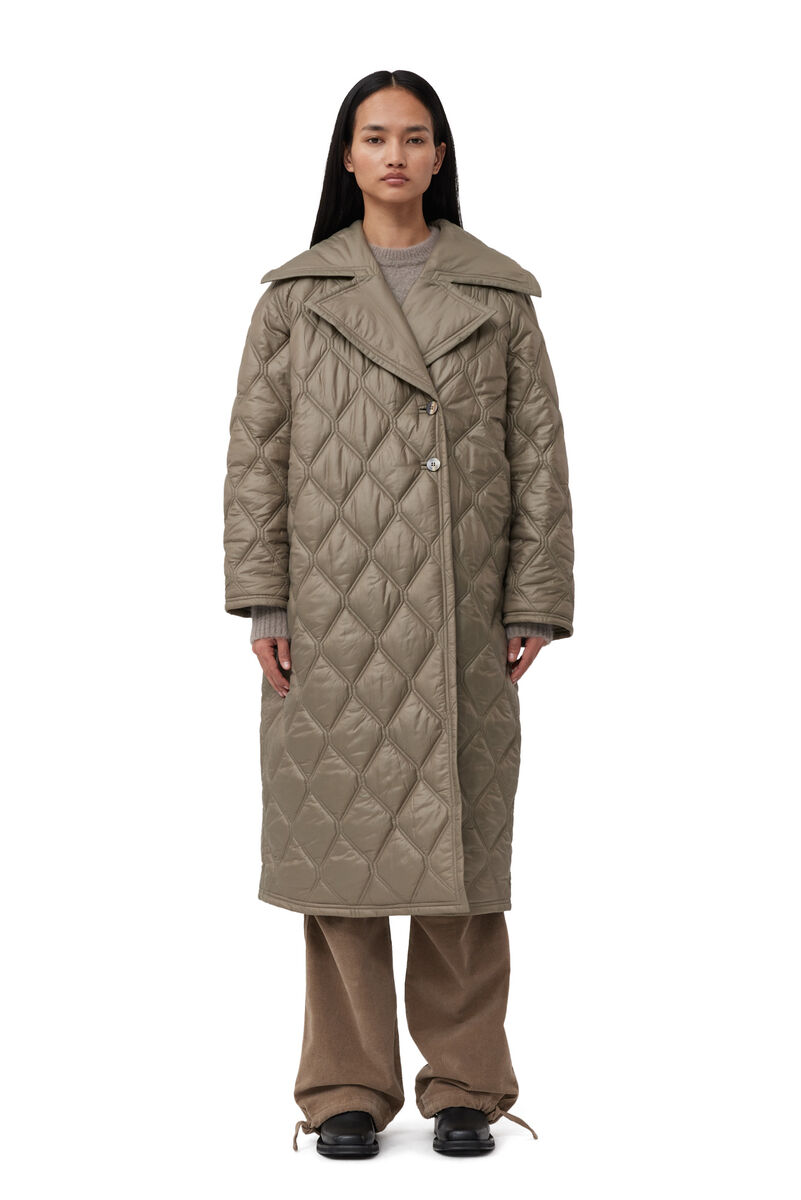 Manteau Brown Shiny Quilt, Recycled Polyamide, in colour Fallen Rock - 1 - GANNI