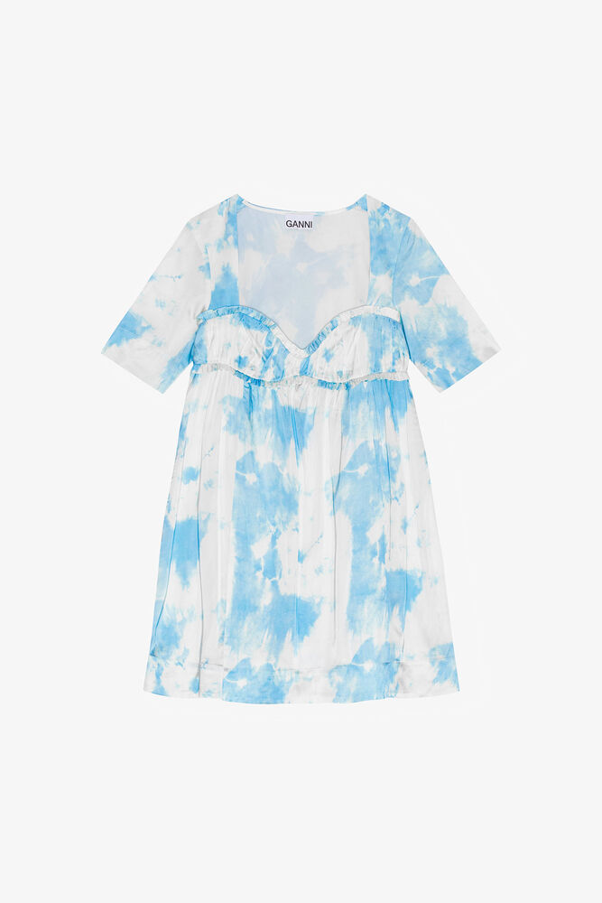 Printed Satin Short Sleeve Mini Dress, Powder Blue