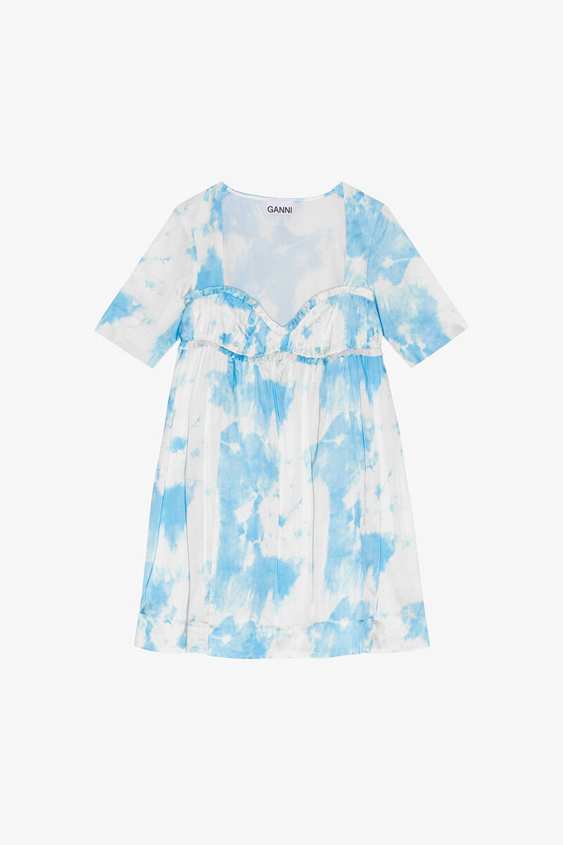 Robe mini &agrave; manches courtes en satin imprim&eacute;, Elastane, in colour Powder Blue - 1 - GANNI