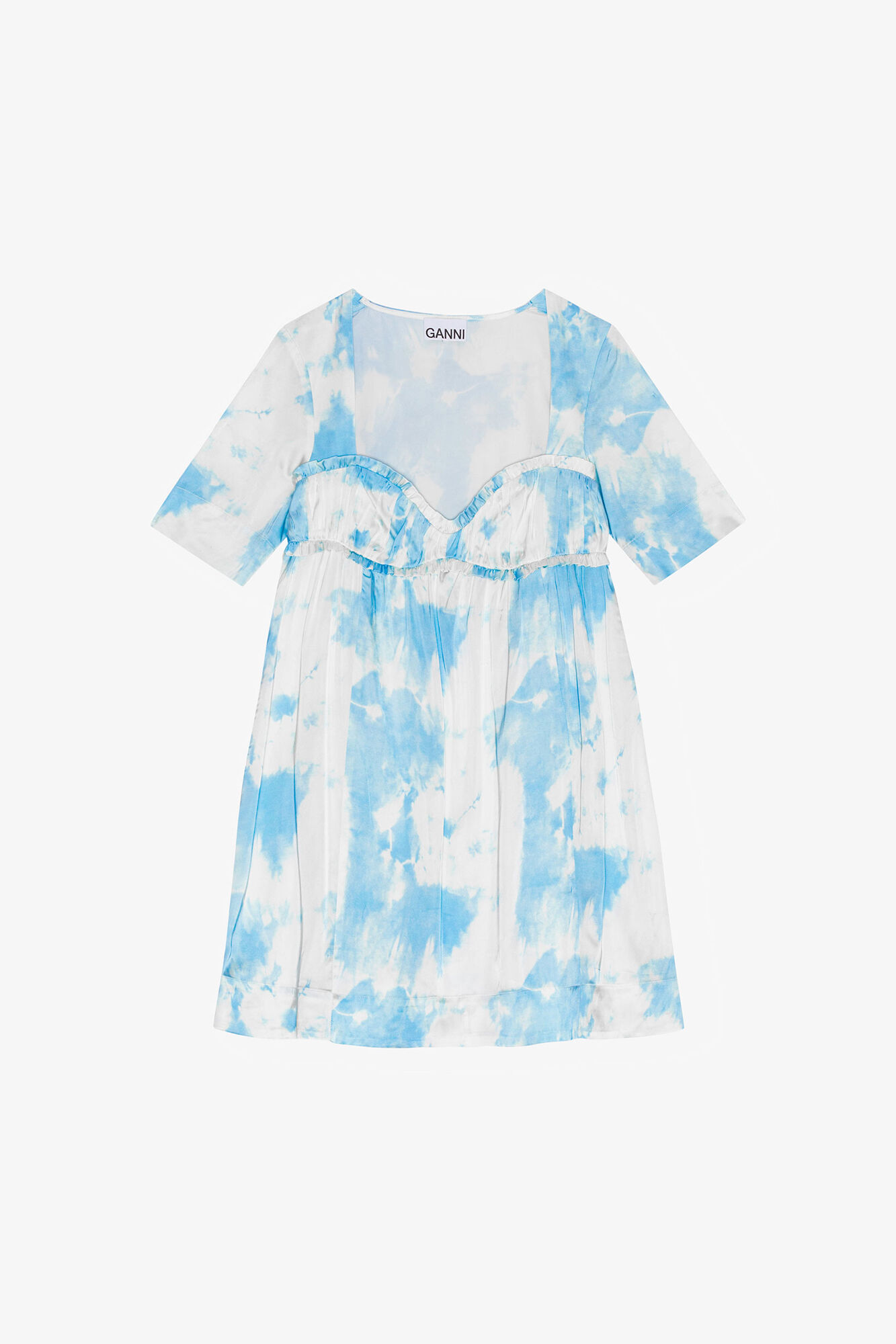 Robe mini &agrave; manches courtes en satin imprim&eacute;, Elastane, in colour Powder Blue - 1 - GANNI