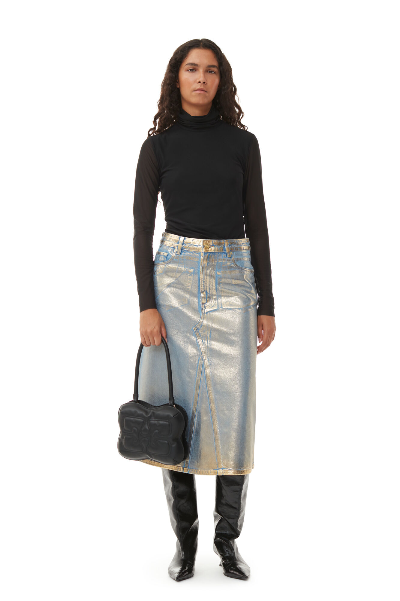 Ganni Gold Denim Midi Skirt