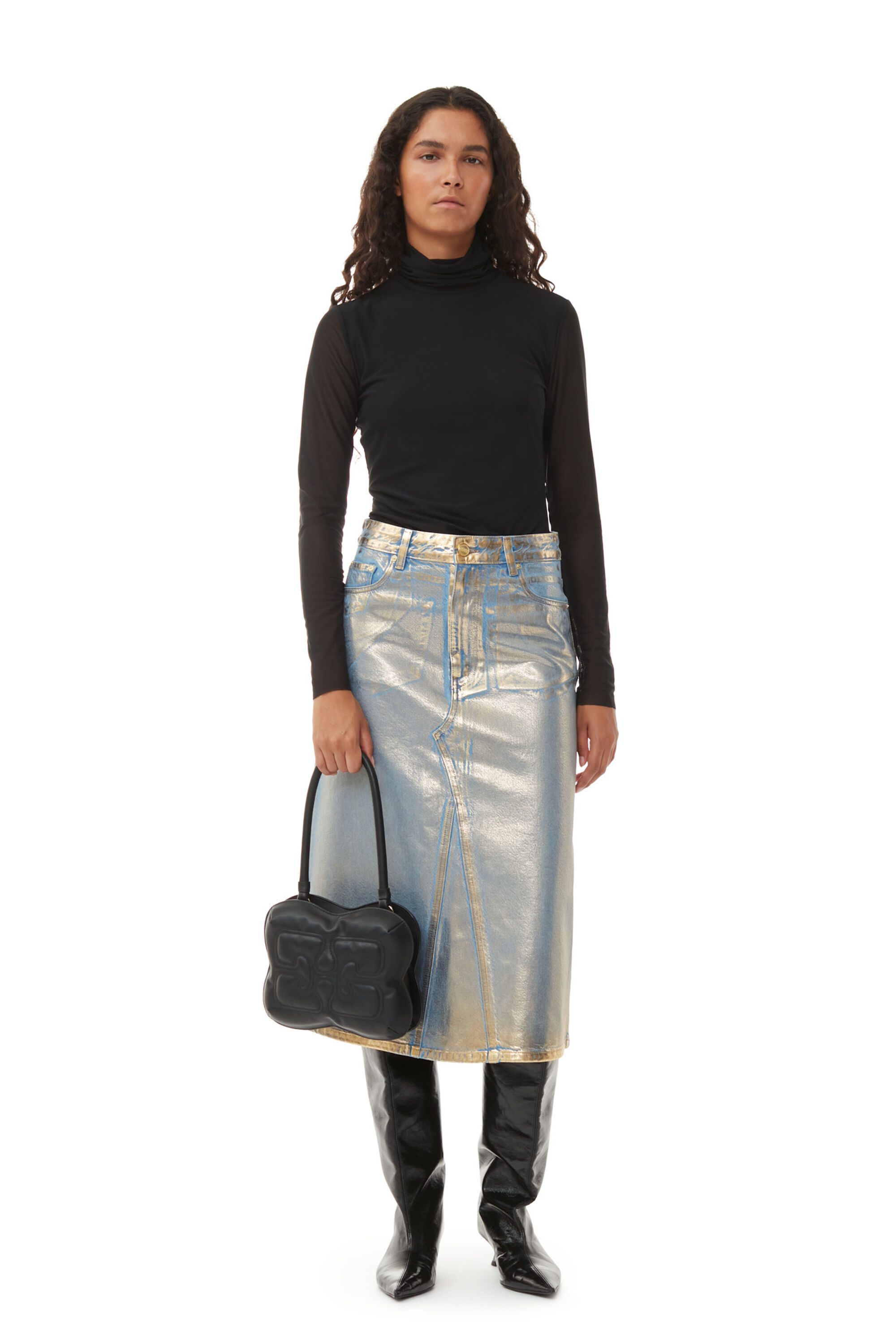 Gold Gold Denim Midi Skirt | GANNI