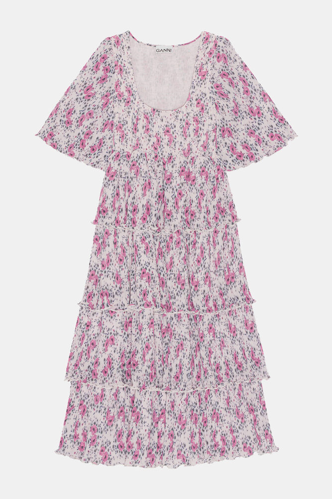 Pleated Georgette Flounce Smock Midi Dress, Mauve Chalk