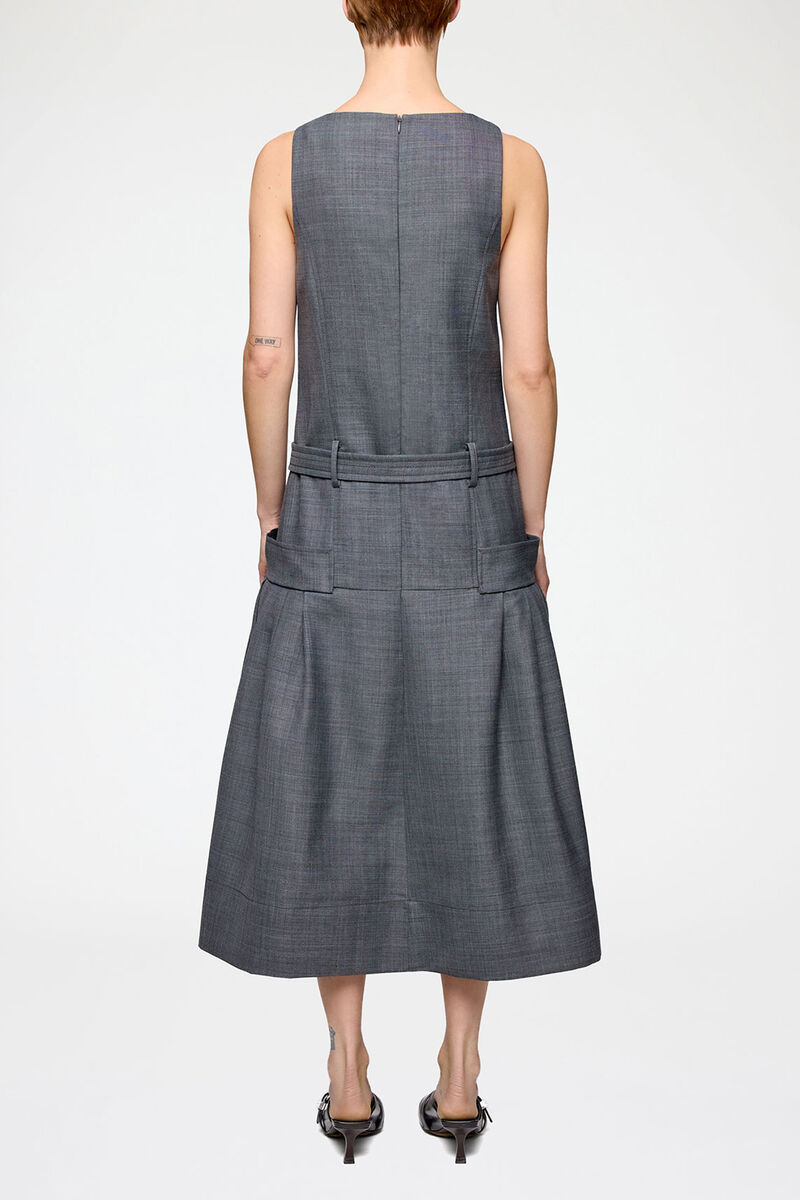 Dress in Grey Wool Melange, Wool, in colour Phantom - 2 - GANNI