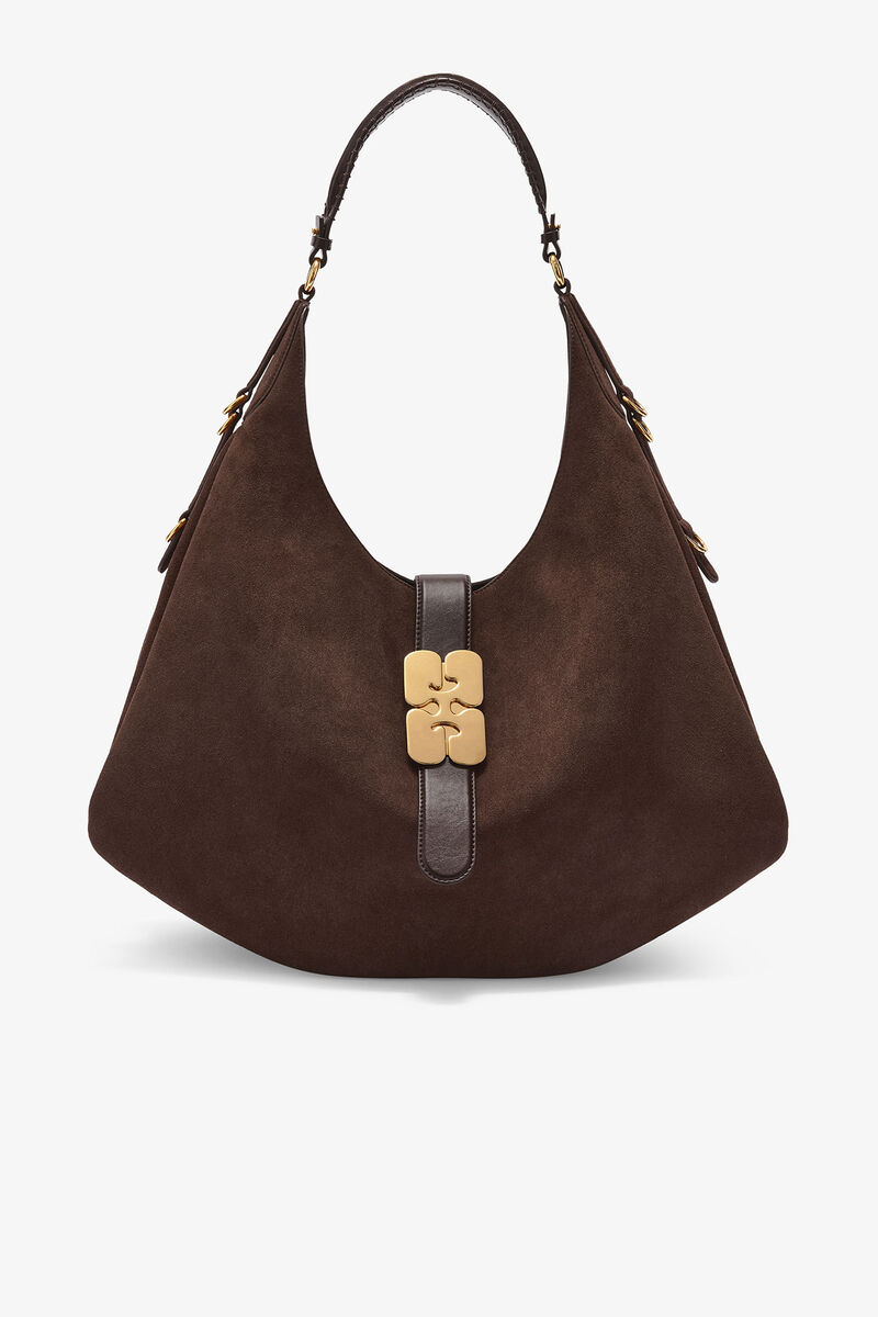 Brown Large Kat Bag in Suede, Recycled Leather, in colour Chicory Coffee - 1 - GANNI