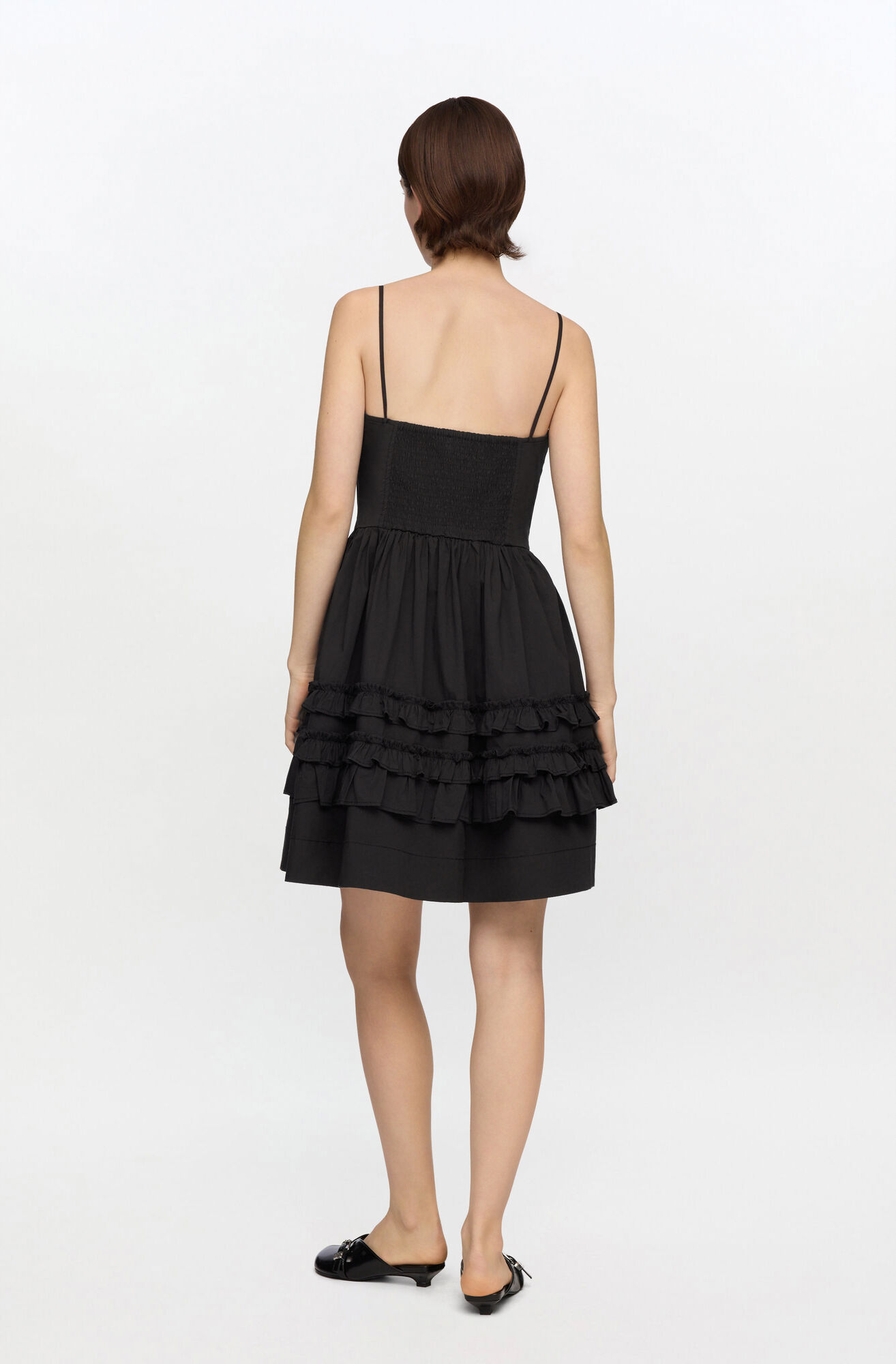 Black Mini Frill Dress, Organic Cotton, in colour Black - 2 - GANNI