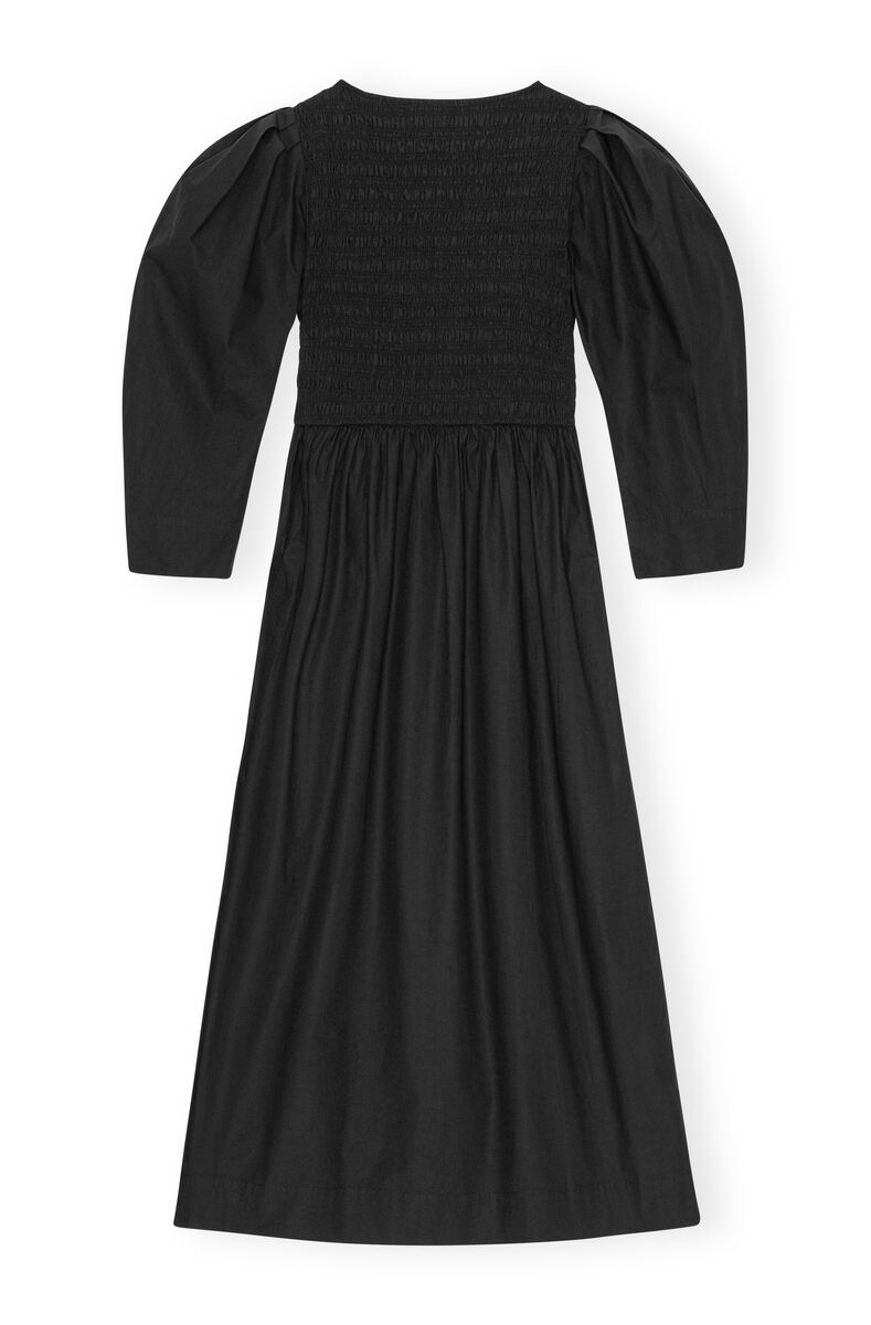 Black Cotton Poplin Open-neck Smock Long Dress, Cotton, in colour Black - 2 - GANNI