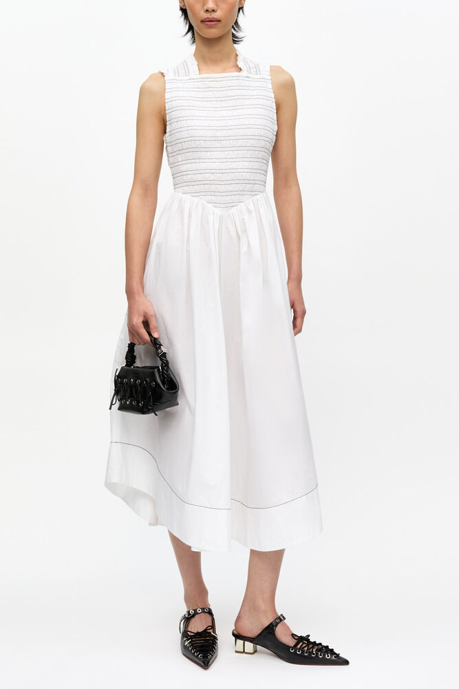 Washed Stretch Cotton Smock Midi Dress, Bright White