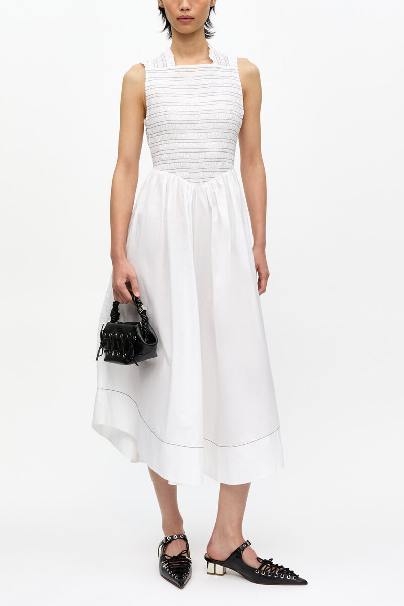 Washed Stretch Cotton Smock Midi Dress, Cotton, in colour Bright White - 1 - GANNI