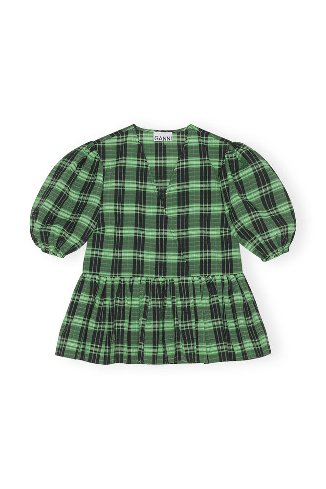 Green Seersucker Check Wrap Blouse, Peapod