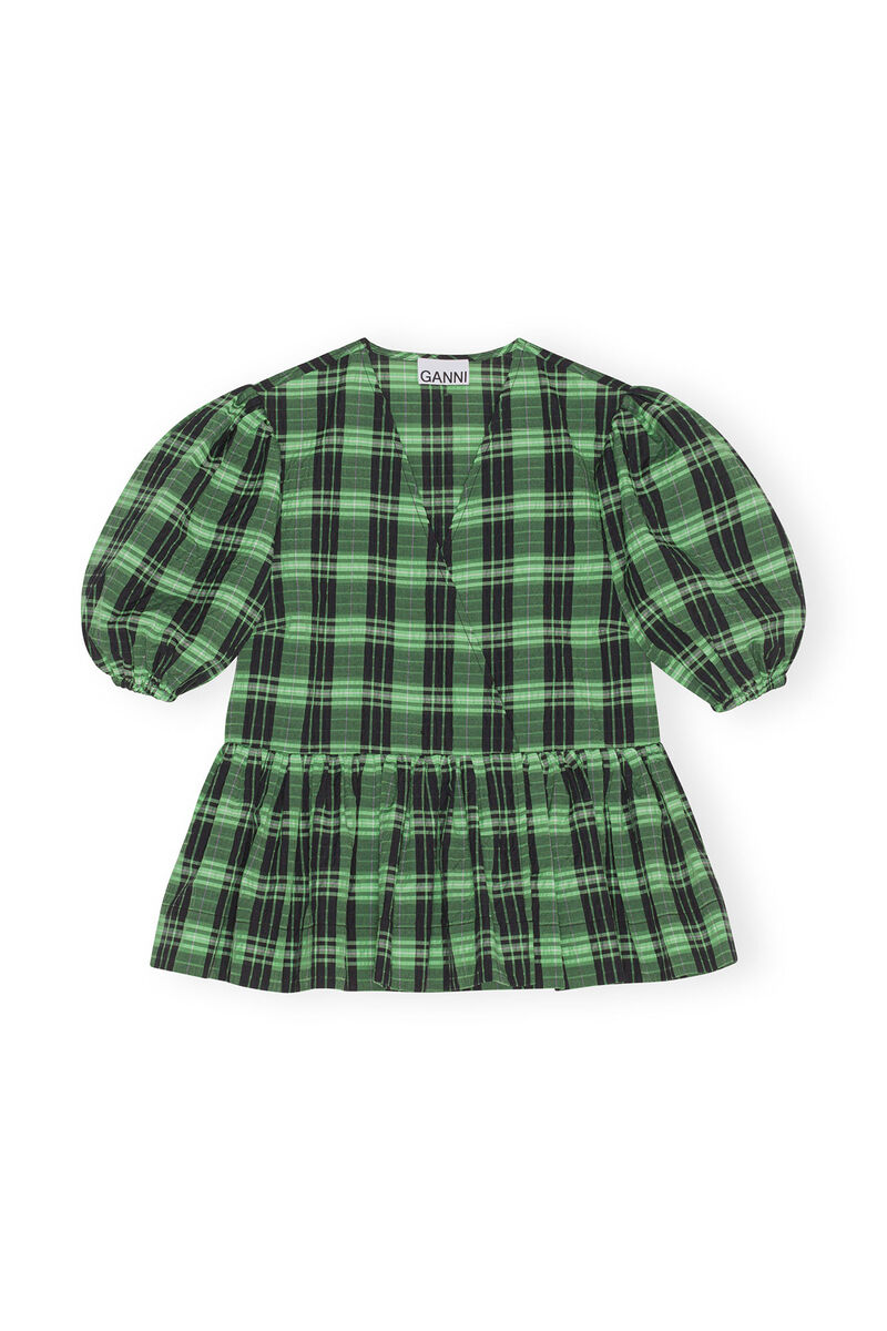 Green Seersucker Check Wrap Blouse, Organic Cotton, in colour Peapod - 1 - GANNI