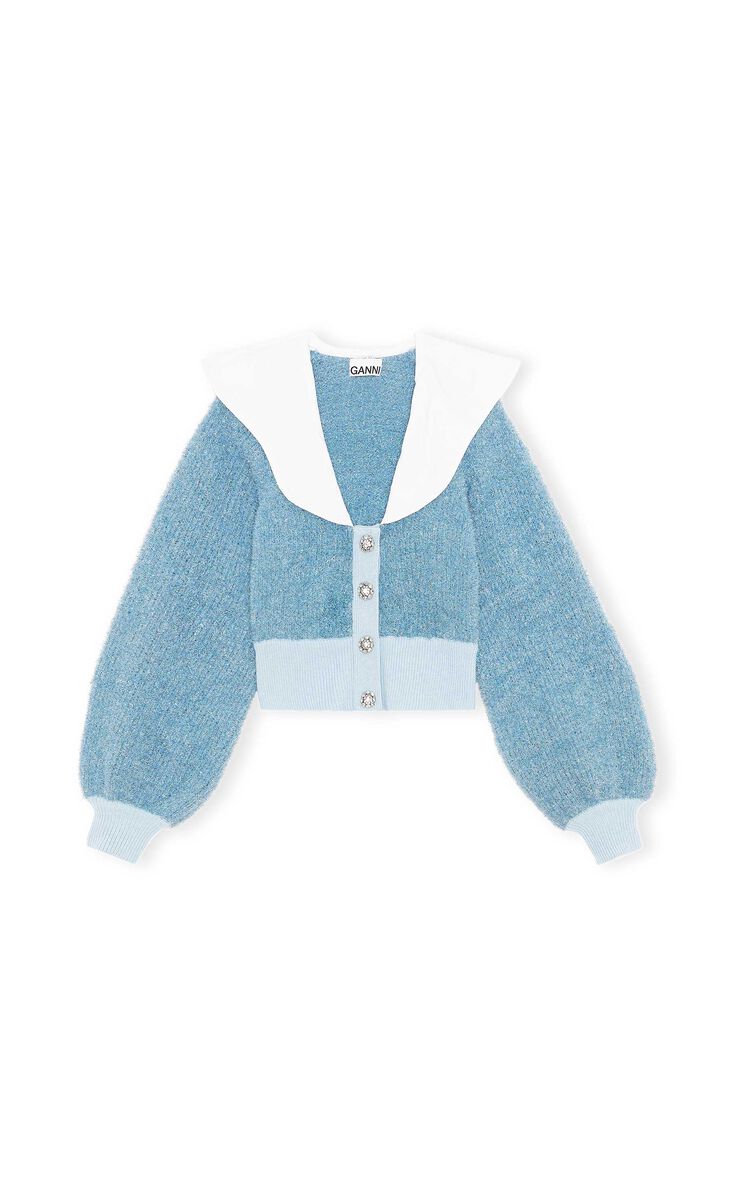 Sparkle Knit Wavy Collar Cardigan, Polyester, in colour Placid Blue - 1 - GANNI